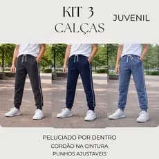 kit 3 Calça De Moletom Juvenil Com Punhos - Moletom Premium