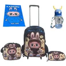 Kit Mochila LABUBU em 3D com Rodinhas  + Lancheira Térmica + Estojo + Garrafa de Água + Toalha Infantil Escolar