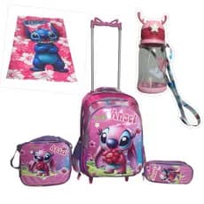 Kit Mochila STITCH  3D com Rodinhas 3D + Lancheira Térmica + Estojo + Toalha Infantil Escolar GARRAFA DE Água