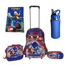 Mochila Sonic 3D com Rodinhas + Acessórios Completo: Estojo, Lancheira e Toalha + Garrafa Térmica
