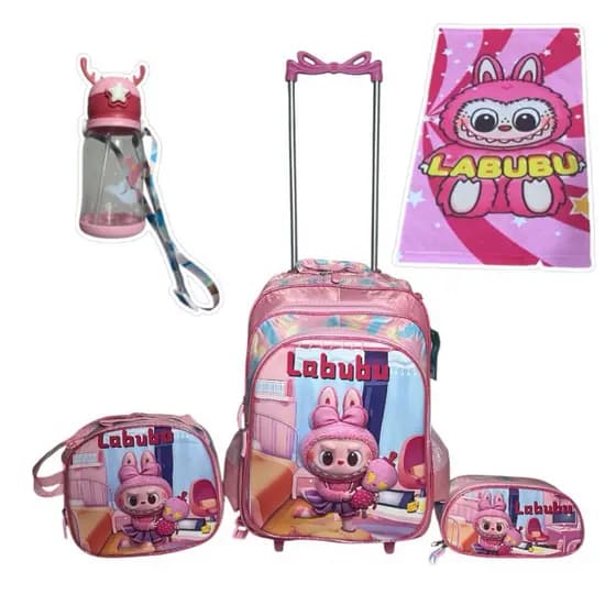 Kit Mochila LABUBU  3D com Rodinhas 3D + Lancheira Térmica + Estojo + Toalha Infantil Escolar + Garrafa de Água