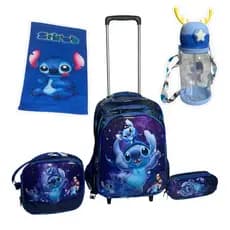 Kit Mochila STITCH com Rodinhas 3D + Lancheira Térmica + Estojo + Toalha Infantil Escolar + Garrafa de Água