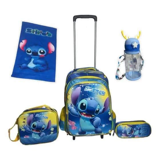Kit Mochila STITCH em 3D com Rodinhas 3D + Lancheira Térmica + Estojo + Toalha Infantil Escolar