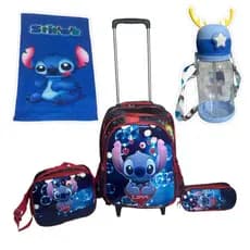 Kit Mochila STITCH com Rodinhas 3D + Lancheira Térmica + Estojo + Toalha Infantil + Garrafa de Águas