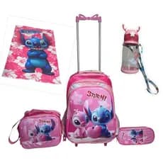 Kit Mochila STITCH em 3D com Rodinhas + Lancheira Térmica + Estojo + Toalha Infantil Escolar GARRAFA DE Água
