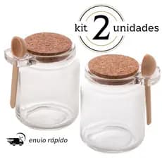 Kit 2 Pote de Vidro com Colher em Bambu e Tampa Rolha 240ml Lyor - Saleiro e Porta Condimento