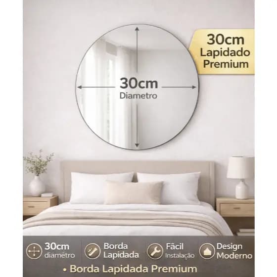 Espelho Redondo 30cm Decorativo Lapidado Espelho de Parede Moderno para Sala Quarto Banheiro Hall