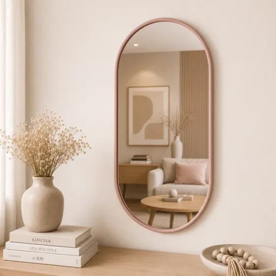 Espelho Oval Rosé com Moldura em Couro Decorativo Moderno para Sala Quarto 76x43cm