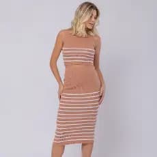 Conjunto Tricot Feminino Saia Midi Listrada Canelada com Cropped Feminino Estiloso Roupa Feminina