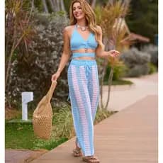 Conjunto Saida De Praia Listrada Feminina Calça Pantalona Crochê Elegante Verão e Top Ajustavel