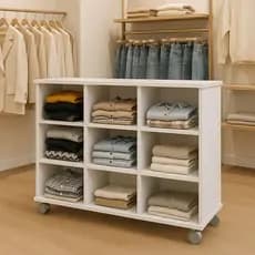 Móvel Expositor para Loja de Roupas 9 Nichos com Rodinhas  Branco Estante organização Closet