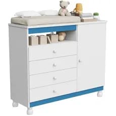 Cômoda Infantil com Trocador 4 Gavetas 1 Porta para Quarto de Bebê  Organizador de Roupas e Fraldas