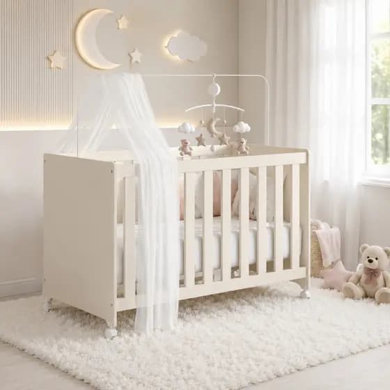 Mini Berço 3 em 1 Americano Cama Off White para Bebê MDF com Rodinhas Trava Design Moderno Premium