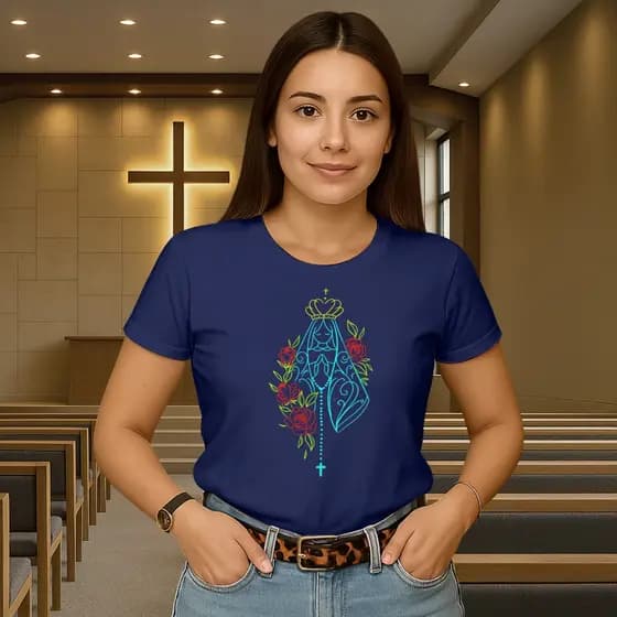 Camiseta Feminina Nossa Senhora Florída Blusinha Religiosa Algodão 100% Camisa Católica Estampada
