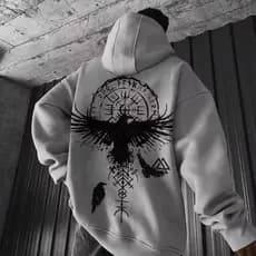 Blusa de Frio Totem Viking Estilo Gótico Moletom com Capuz Canguru Flanelado