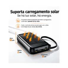 Power Bank Solar 10000mAh Portátil 4 Cabos Carregador Rápido LED