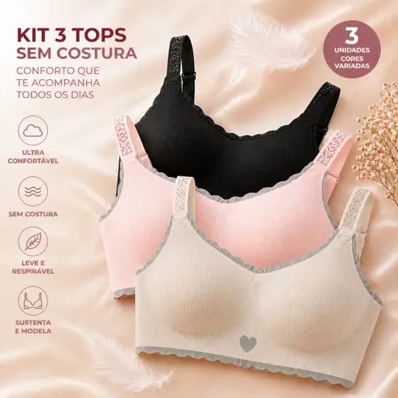 Kit 3 Sutiã Sem Costura Feminino Sem Aro Confortável Respirável Com Sustentação