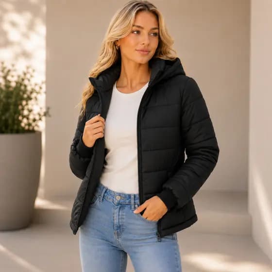 Jaqueta Feminina Puffer Térmica Com Capuz Bolsos Laterais Zíper Frontal Tecido Resistente Ao Frio Leve Moderna e Fácil