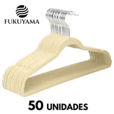 KIT 50 CABIDES DE VELUDO BEGE PREMIUM ULTRA FINO ADULTO FUKUYAMA Com Gancho Giratório 360° Antideslizante Slim