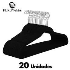 KIT 20 CABIDES VELUDO PRETO ULTRA FINO FUKUYAMA Slim Com Gancho Giratório 360° Antideslizante