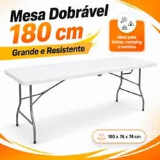 Mesa dobrável portátil 1,80m em plástico Branco Vira Maleta Camping Praia