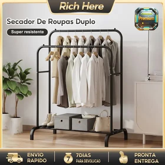 Cabideiro de Chão com Sapateira - Rack Organizador Portátil e Regulável para Roupas e Calçados