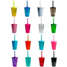 COPOS TWISTER CRISTAL 300ML COM TAMPA E CANUDO COLORIDOS PARA ADESIVAR E PERSONALIZAR