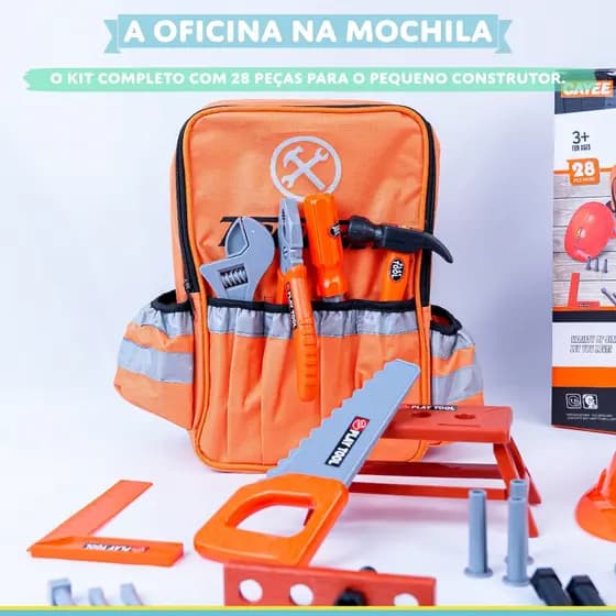 Kit Ferramentas Infantil Mochila Mini Construtor 29 Pçs Furadeira Brinquedo