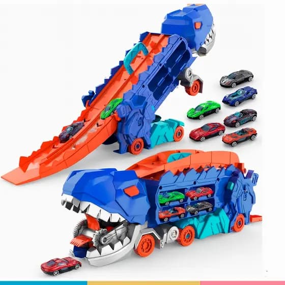 Caminhão Dinossauro Pista Garagem 2 em 1 Engole Carrinhos Lançador Brinquedo Infantil Com Carrinhos