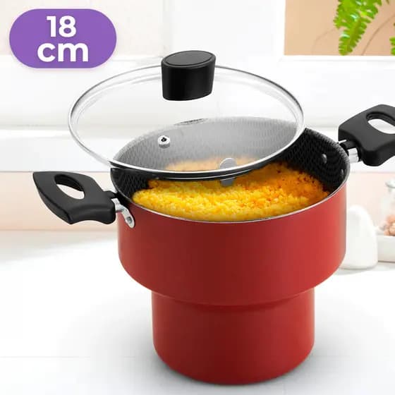 Cuscuzeiro Nordestino 18/14cm Antiaderente Alegrete Tampa de Vidro Vermelho/Cinza