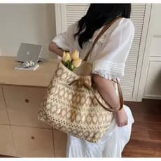 Bolsa Feminina de Palha Praia Grande com Alça Couro Sintético