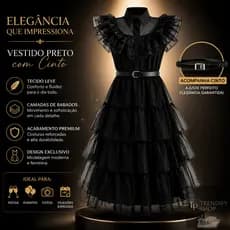 Fantasia Wandinha Infantil 2 Peças Vestido Preto com Cinto para Menina Halloween Carnaval e Cosplay