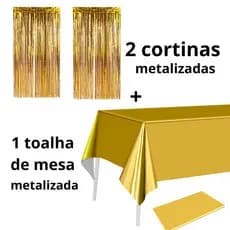 Kit Festa Toalha de Mesa + 2 Cortinas Metalizadas Lisa Brilhante  Decoração Moderna e Sofisticada