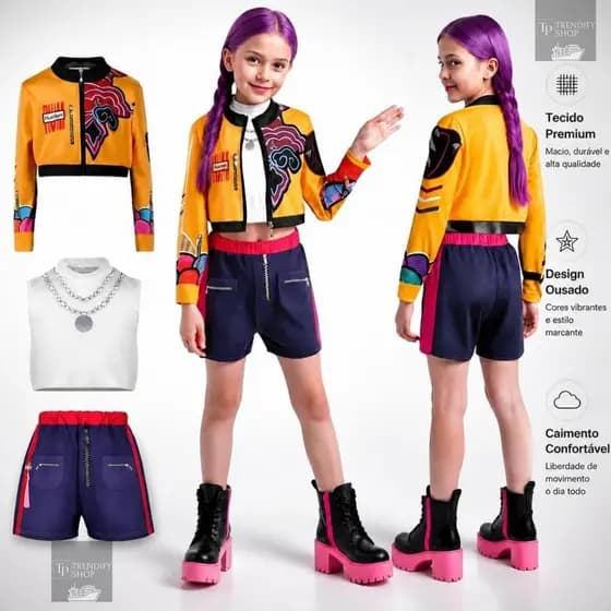 Fantasia Infantil Guerreira KPOP Rumi Luxo Completa Menina Cosplay K-Pop Show Dança