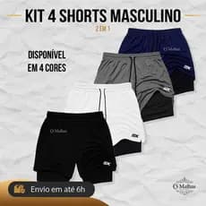 Kit 4 Shorts Masculino Dry Fit 2 em 1 com Compressão e Bolso Interno Bermuda Academia Treino Corrida