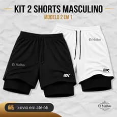 Kit 2 Shorts Masculino Dry Fit 2 em 1 com Compressão e Bolso Interno Bermuda Academia Treino Corrida