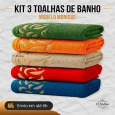 Kit 3 Toalha Banho Monique Banhão Sortido Ótima Absorção 140x75cm 100% Algodão Sortido