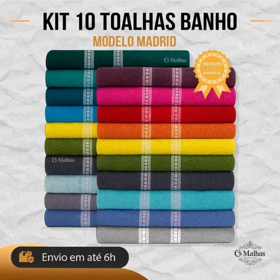 Kit 10 Toalha de Banho Madrid 100% Algodão 60x120cm Sortidas