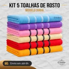 Kit 5 Toalhas Rosto Dubai 45x70cm 100% Algodão Cores Sortidas