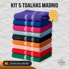 Kit 5 Toalha de Banho Madrid 100% Algodão 60x120cm Sortidas