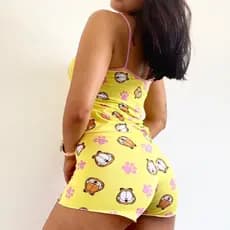 Pijama short doll feminino personagens, baby doll estampado dia a dia