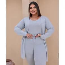 Conjunto inverno plus size lanzinha, conj. 3 peças, calça com bolso e cordão de amarração, mais blusa e cardigan.