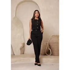 Conjunto social femenino, cropd e calça, look elegante e sofisicado, escritório, contém botões e bolso, tecido em alfaia