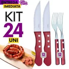 Conjunto Jogo 24 Talher Premium Churrasco  Wooden 12 Faca Outback 12 Garfo cabo De Madeira Aço Inox