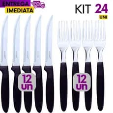 24 Unidades Talher 12 garfo 12 Faca Linha Colorida Preto Inox Premium Cabo Plástico Mesa Cozinha