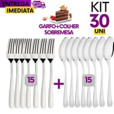 Kit 30 Unidades - 15 Colheres Colher Sobremesa + 15 Gafos Garfo de Sobremesa Linha Inox Premium Qualidade Garantida