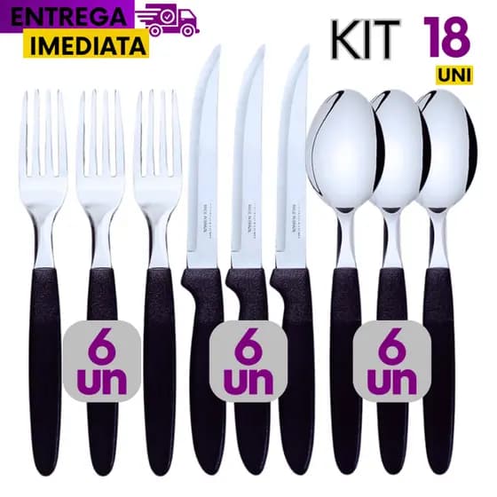 Conjunto Jogo Kit 18 Unidade Talher 6 Garfo 6 Colher 6 Faca Linha Colorida Preto Inox Cabo Plástico