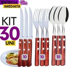 Kit 30 Peças Talher 10 Colher 10 Garfo 10 Faca de Inox com Cabo de Madeira Faqueiro Jogo Conjunto Linha Premium