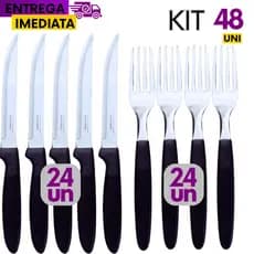 48 Unidades Peças Talher Linha Colorida Preto 24 Garfo 24 Faca  Inox Premium Cabo Plástico Bar Mesa