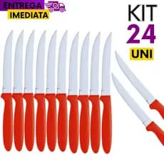 KIT  24 Talheres Linha Colorida Vermelho  12 Facas  Inox Premium Cabo Plástico Bar Casa Restaurante variáveis Utilidade